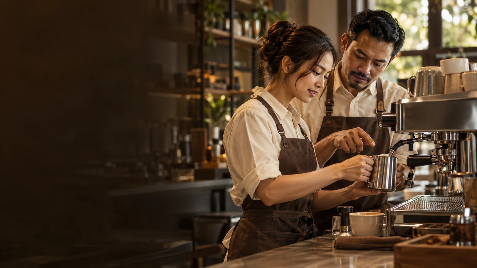 Visual concept of an adult mentor guiding an adult student at an espresso machine
